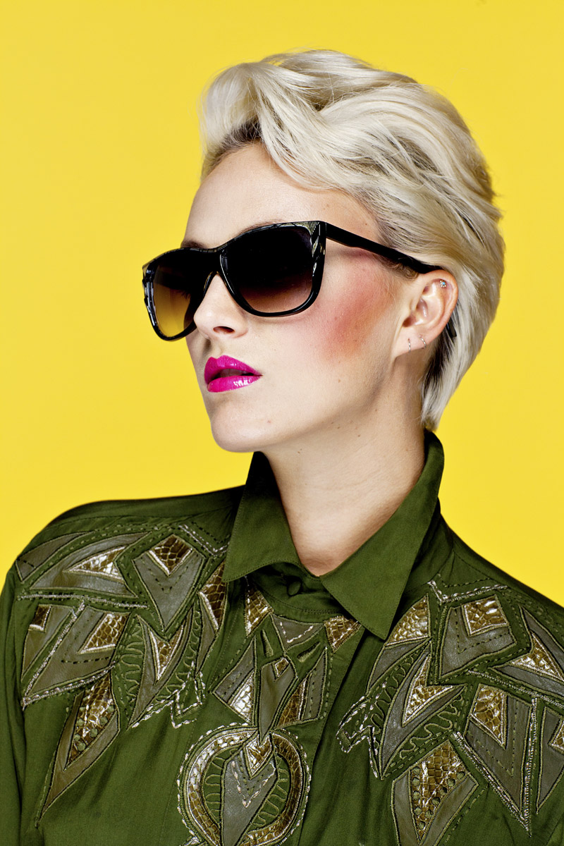 Olive green leather patched blouse, oversize sunglasses