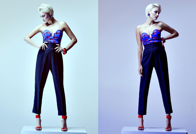 Lips all over bustier, high-waist trousers, red pumps