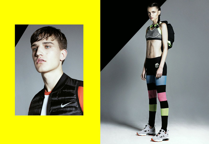 left: Vest by NIKE, Compression Shirt by ADIDAS // right: Backpack+ Bustier by NIKE, Leggings by ADIDAS ORIGINALS by RITA ORA, Sneaker by REEBOK 
