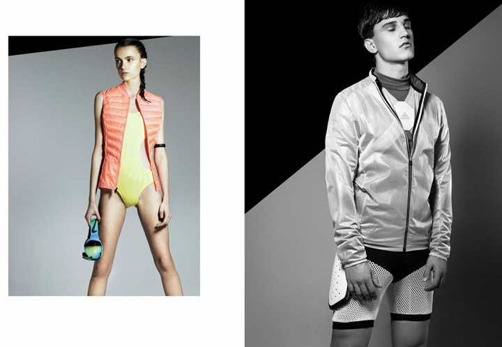 left: Vest by NIKE, Bodysuit by ADIDAS ORIGINALS by RITA ORA, Activity Tracker by POLAR, Snowboard Goggles by NIKE // right: Compression Shirt by UNDER ARMOUR, Safety Band + Jacket by ADIDAS, Protection Shorts by DAINESE 