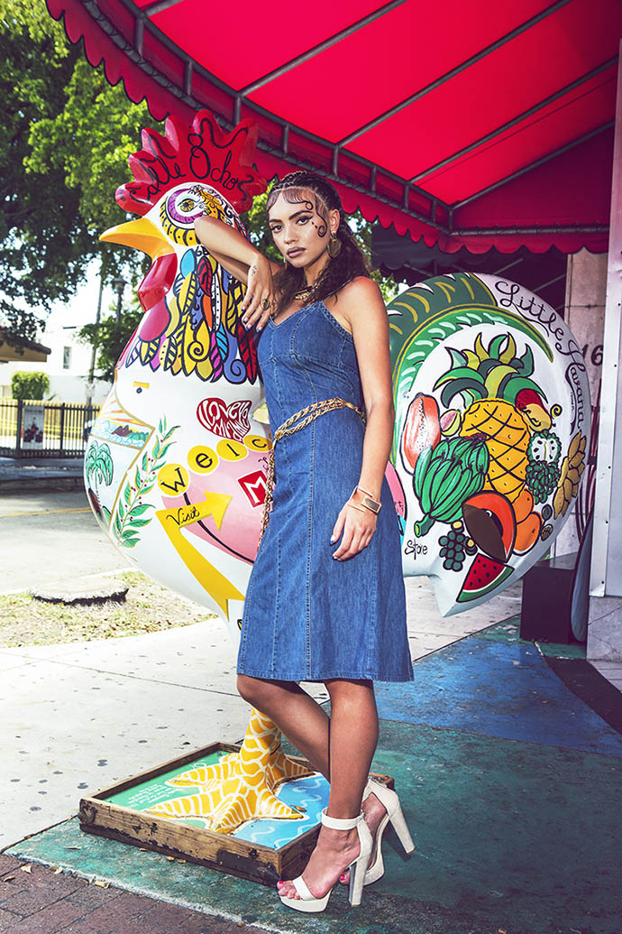 Gold Plated Earrings: H&M  Curb Chain Toggle Necklace: Michael Kors  Gold Ring Set: H&M  Semi-Precious Triple Bar Necklace: ASOS  Vintage Gold Chain Belt: Liz Claiborne  Nude Heels: Chinese Laundry  Denim Dress: Pink Vixxen 