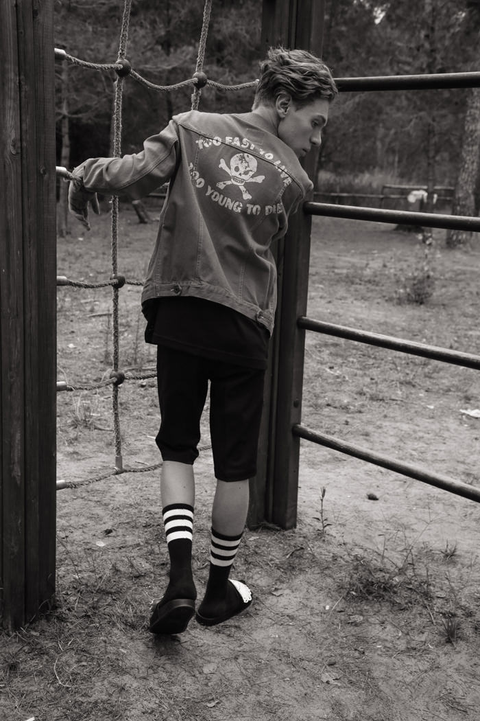 Denim jacket - Vivienne Westwood shorts -McQueen wing sandals - Adidas Jeremy Scott