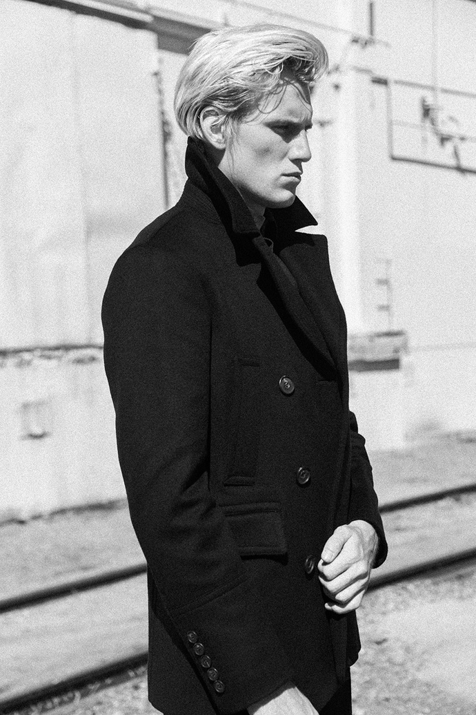 Burberry navy pea coat, Balenciaga trousers , Balenciaga shirt 