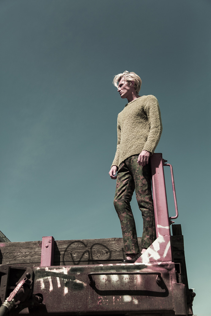 Burberry green knit sweater, Burberry camo pants, Brunello cucinelli brogues 