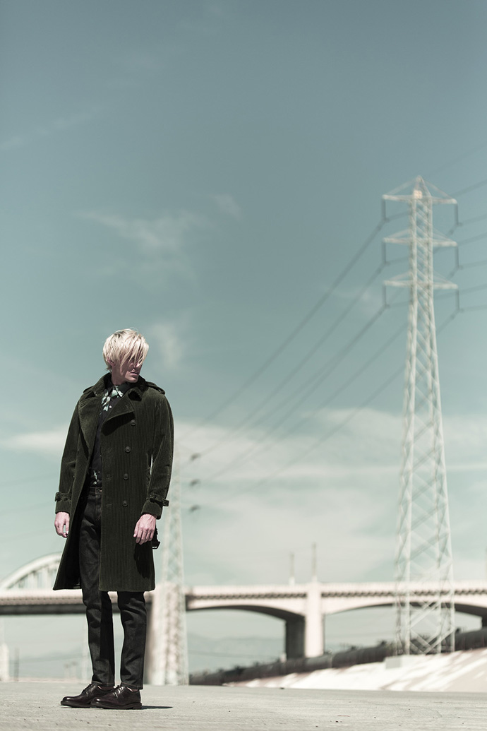 Burberry green courderoy trench coat, Paul Smith shirt, Burberry jeans, Vintage brogues 