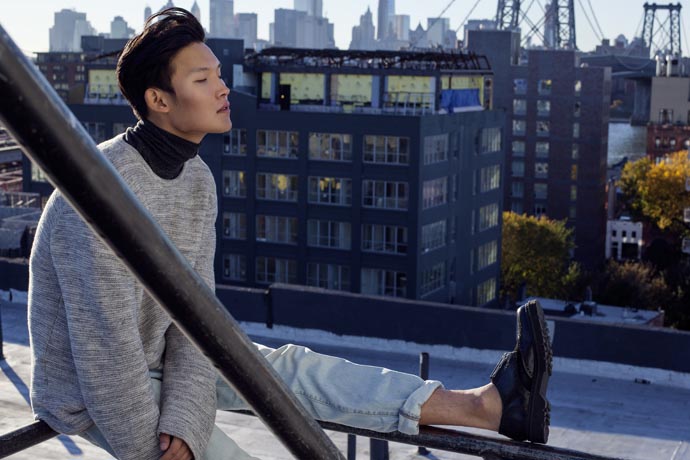 High neck jumper by Acne Studios - Sweater by COS -Trousers by Levis - Shoes by Givenchy