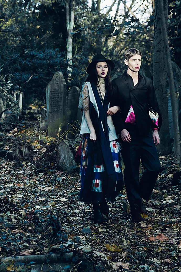 Freyja wearing Top& Skirt by Krasimira Stoyneva Outer top by Clarissa Kang Hat by Maison Michel Shoes by Kurt Geiger Owen wearing Shirt& Trousers by Louisa Pang Floral Print Jacket by Hiroshi Goto Shoes by Dune