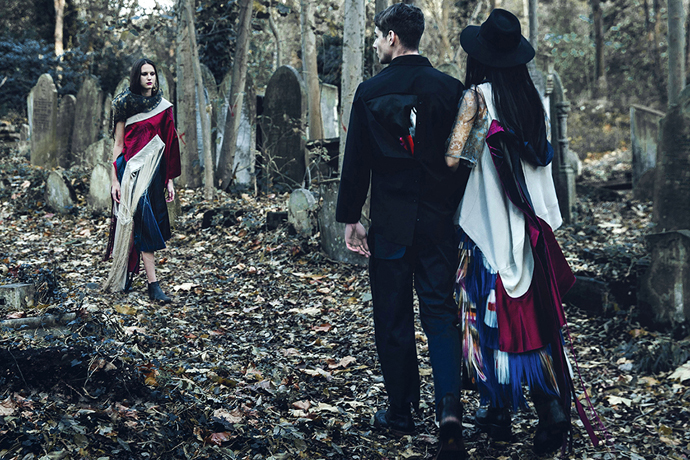 Charlotte wearing Top (use as scarf) by Krasimira Stoyneva Dress by Clarissa Kang Earrings by National Theatre Shoes by Kurt Geiger Owen wearing Shirt& Trousers by Louisa Pang Floral Print Jacket by Hiroshi Goto Shoes by Dune Freyja wearing Top& Skirt by Krasimira Stoyneva Outer top by Clarissa Kang Hat by Maison Michel Shoes by Kurt Geiger