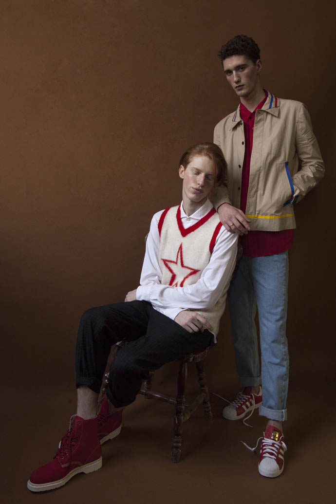 Yan Polo shirt: Tersoni, Vest: Topman, Trousers: Rokit, Boots: Dr Marten Joby Jacket: Les Benjamins, Shirt: Rokit, Jeans: American Apparel, Trainers: Adidas