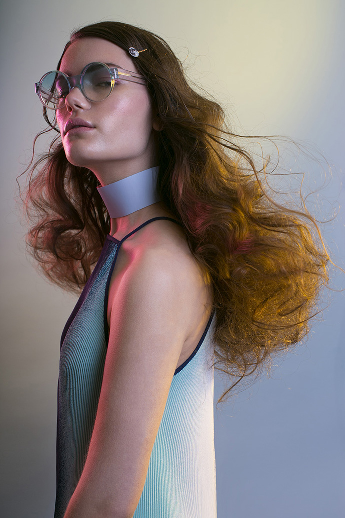 Tessa wears dress and sunglasses by Kitty Joseph, Choker by Ciara Clark, Hair slide by Eclectic Eccentricity