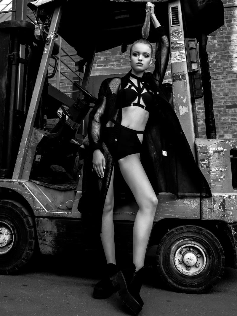 Swimsuit: Beth Richards Diaphanous jacket: Yalo Yard Boots: United nude