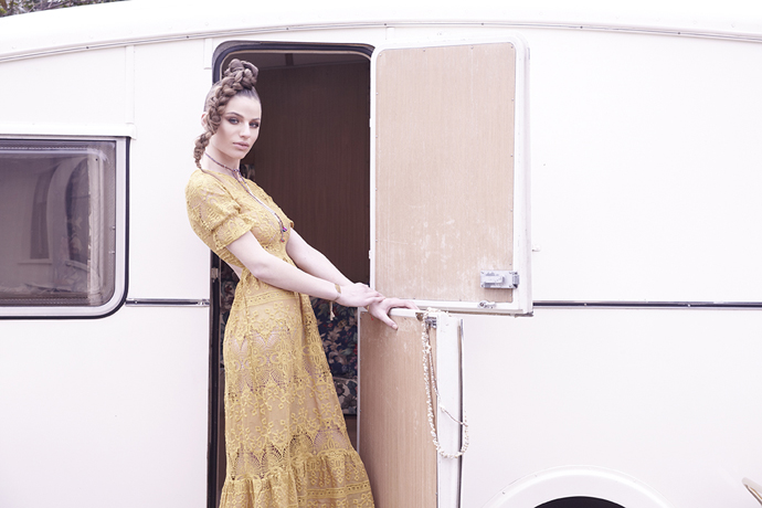 Mustard maxi dress, For love and Lemon @ ASOS Yellow Clogs, Swedish Hasbeens Bracelets, Anna + Nina beaded tie pom pom necklace, Dana Levy