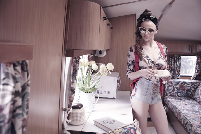 Body suit, For Love and Lemons @ ASOS Crochet waistcoat, Someday's Lovin denim shorts, Someday's Lovin Beaded Hairband, Monki Clogs, if seen, Swedish Hasbeens