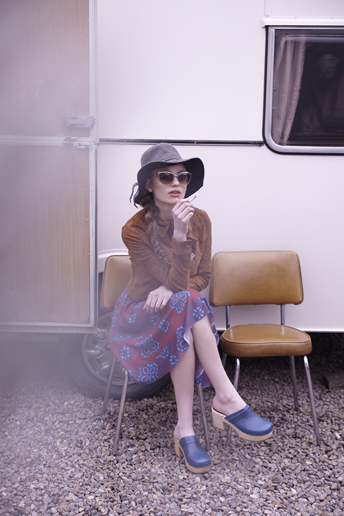 Jacket, Millie Makintosh Skirt, United colours of Benetton Hat, Minnetonka Clogs, Swedish Hasbeens, sunglasses, Swarovski