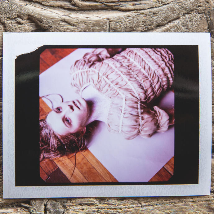 Tan gathered chiffon dress by Genevieve Clifford