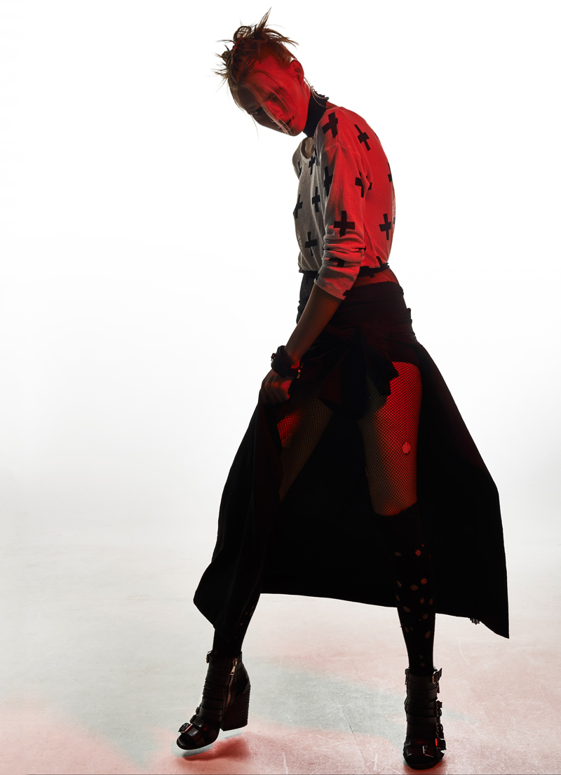 A.F.VANDEVORST top and skirt, WOLFORD underwear and over-the- knee socks, FALKE stockings, STRATEGIA shoes, ILYA FLEET handcuffs, ZANA BAYNE choker 