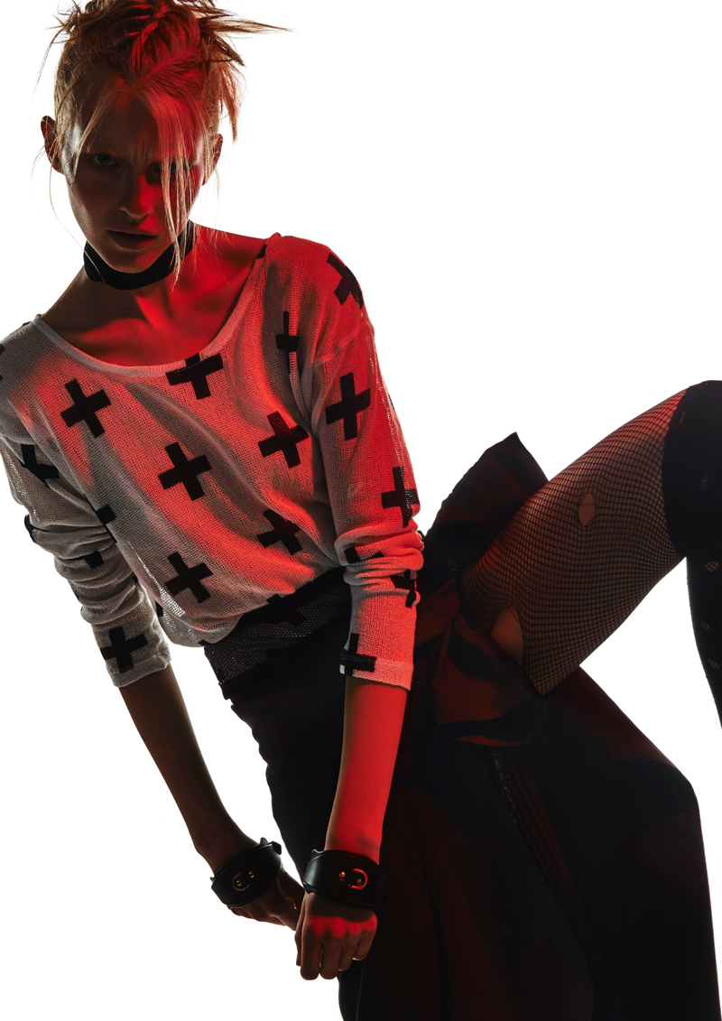 A.F.VANDEVORST top and skirt, WOLFORD underwear and over-the- knee socks, FALKE stockings, STRATEGIA shoes, ILYA FLEET handcuffs, ZANA BAYNE choker 