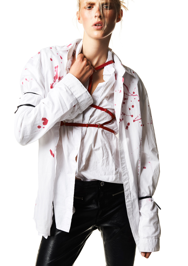 bottom MAJE white shirt, BARBARA BUI leather pants, MISE EN CAGE red harness, CUSTOM MADE white shirt 