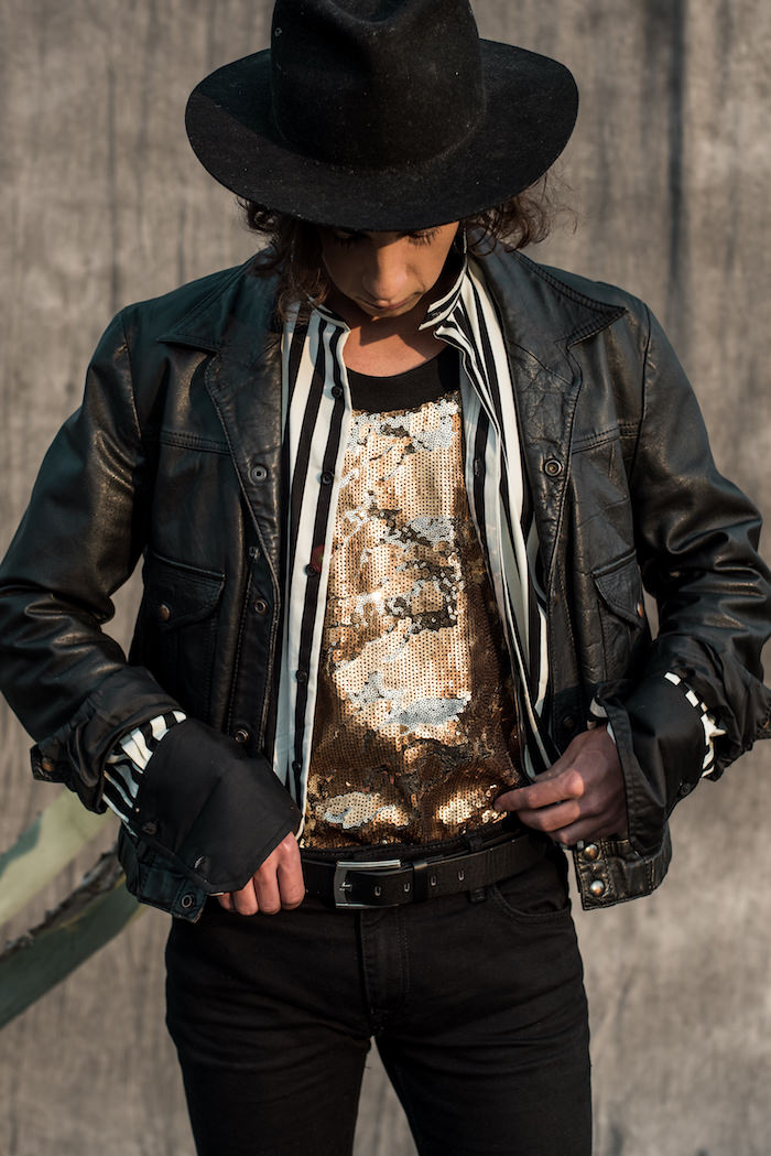 Leather Jacket - Second Attitude Striped shirts - Custom at Augustine Sequin Vest - Cult 11AD Skinny Jeans - Topman Hat - Oriental Plaza