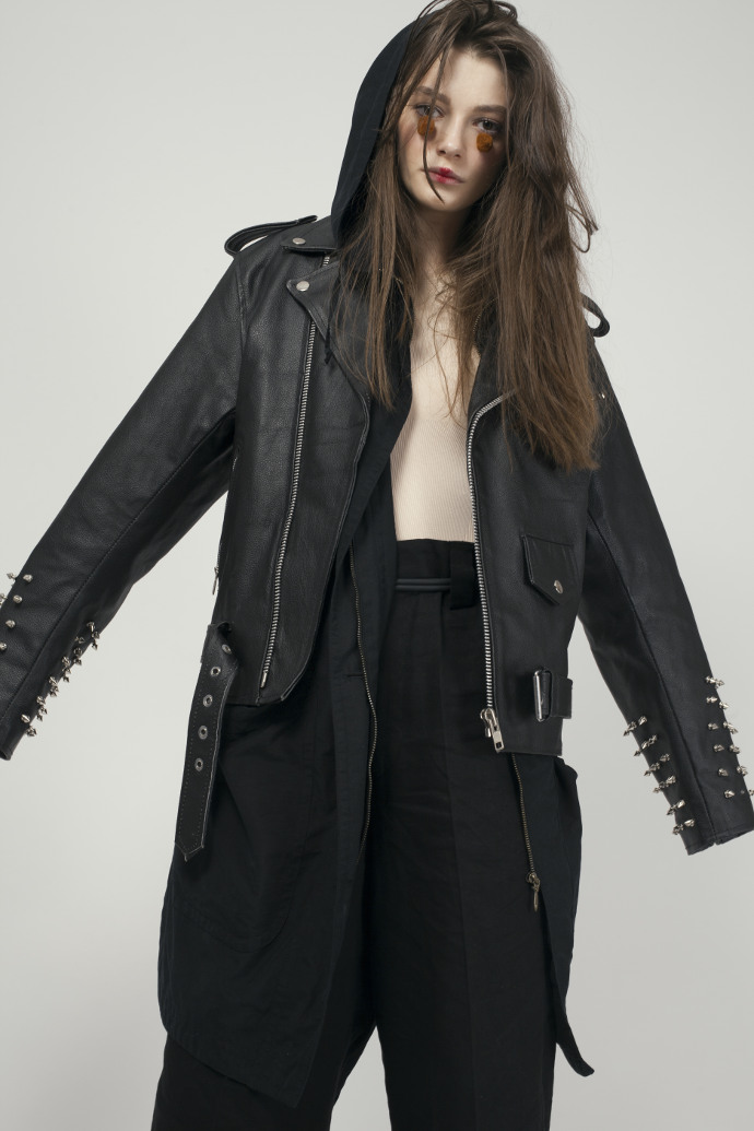 Bogdana is wearing jacket by All Saints, body by Wolford, pants by Acne Studios
