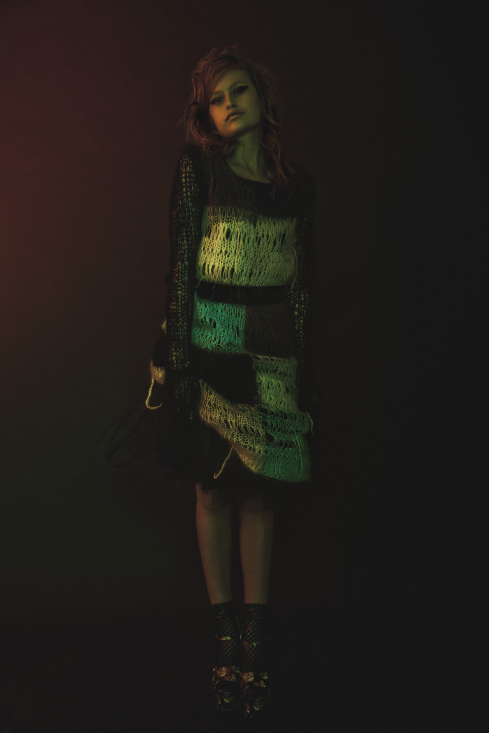  Junya Watanabe patchwork crocheted dress, Dries Van Noten patent belt, lace trim anklet by Hue, Markus Lupfer "kitten" platforms 