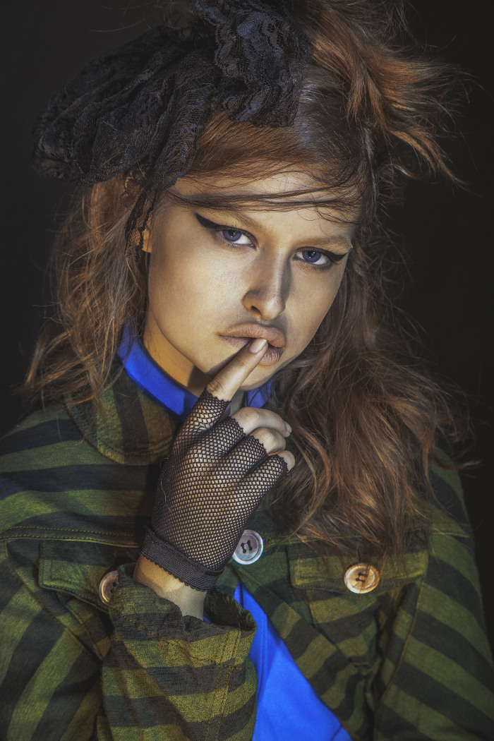  wool striped shrug Tricot CommeDesGarcons, electric blue jacket CommeDesGarcons, fishnet fingerless glove Trash and Vaudeville