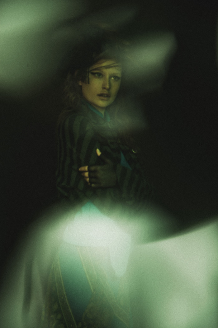 wool striped shrug Tricot CommeDesGarcons, fishnet fingerless glove Trash and Vaudeville 