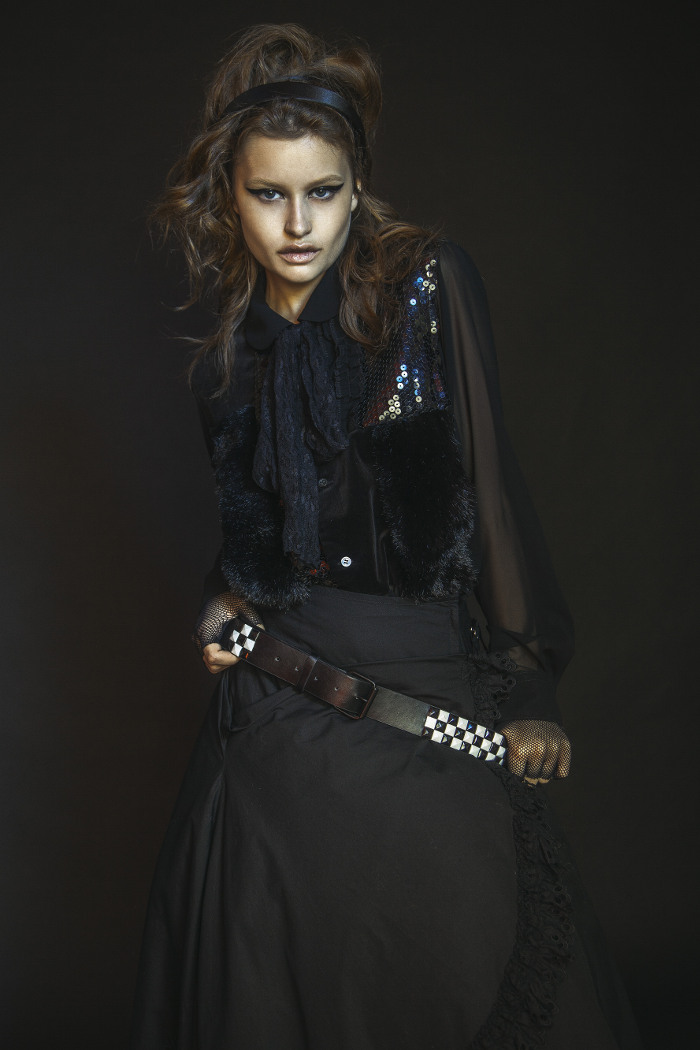  silk, sequined,faux fur top Comme Des Garcons, asymmetrical wrap skirt w/lace trim Junya Watanabe, checkered studded belt and fish net fingerless glove Trash And Vaudville. 