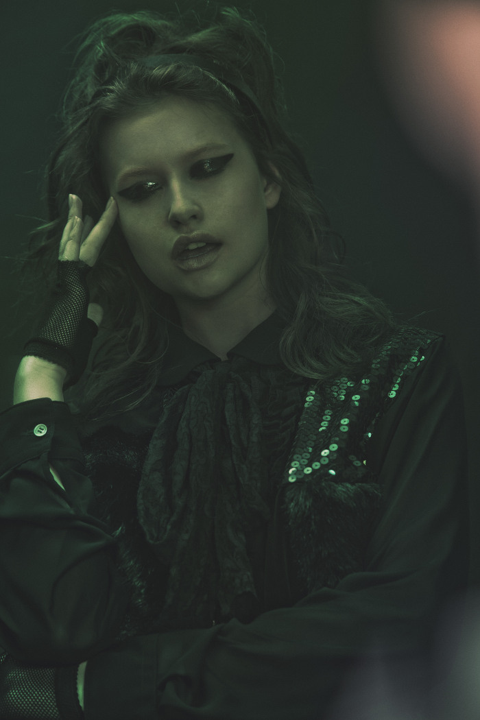 silk,sequined, faux fur blouse CommeDesGarcons, fishnet fingerless glove Trash and Vaudeville 