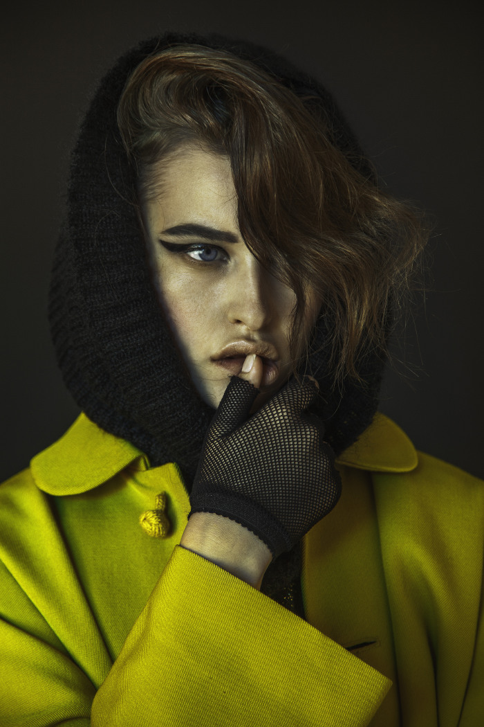 wool/lurex asymmetrical sweater Junya Watanabe, wool jacket with silk knot closures Tricot Comme Des Garcons, fishnet fingerless glove by Trash And Vaudeville 