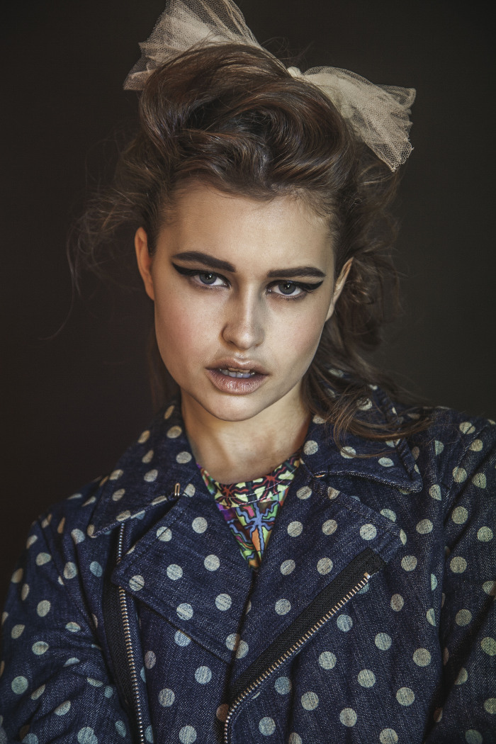  multi color top CommeDesGarcons, polka dot denim motorcycle jacket CommeDesGarcons CommeDesGarcons, multi color glass pin Balenciaga 