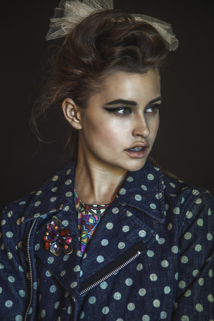  multi color top CommeDesGarcons, polka dot denim motorcycle jacket CommeDesGarcons CommeDesGarcons, multi color glass pin Balenciaga 