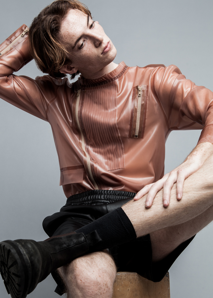 Theo: Latex Jacket : Di Liborio. Shorts H&M Socks Uniqlo Boots All Saints