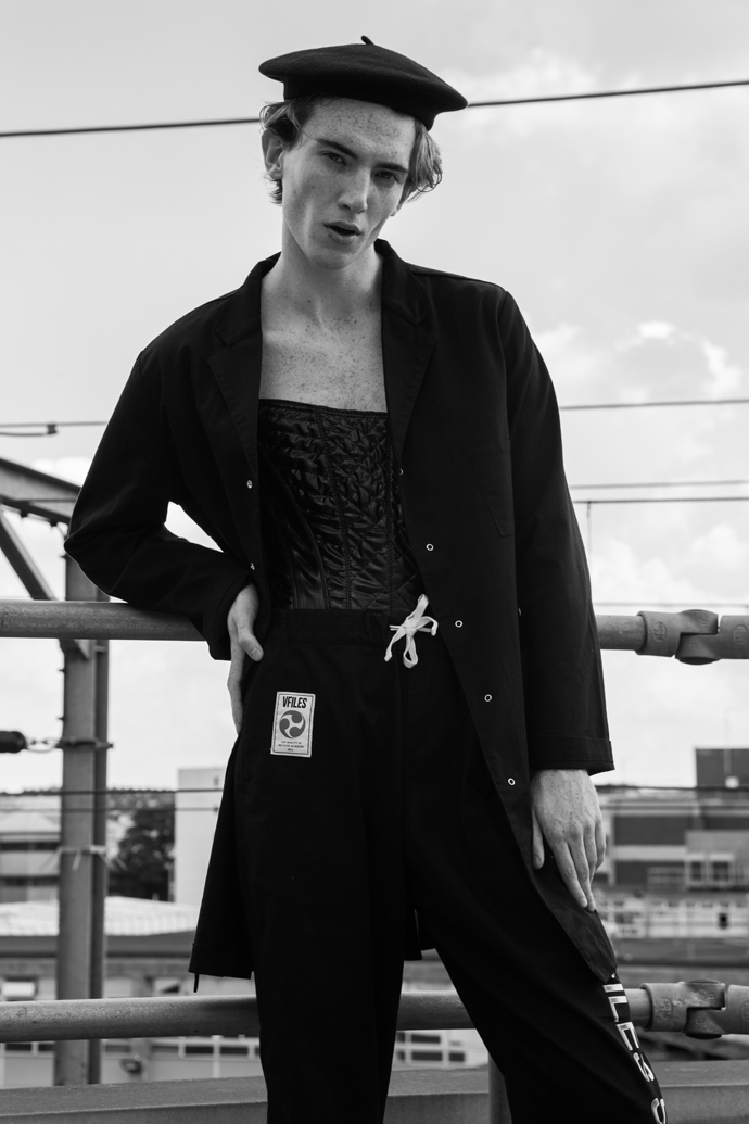 Wool beret Dior Latex Corset: Kim West Lab coat Vfiles Sport Plus + Drawstring martial art pants Vfiles Sport plus +