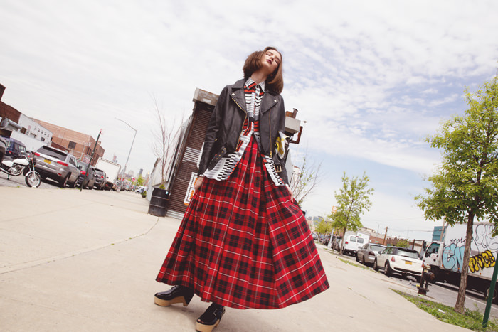 Jacket is Electric Love Army Shirt is David Hart Skirt is Electric Love Army Kerchif is David Hart Shoes are 3.1 Philip Lim