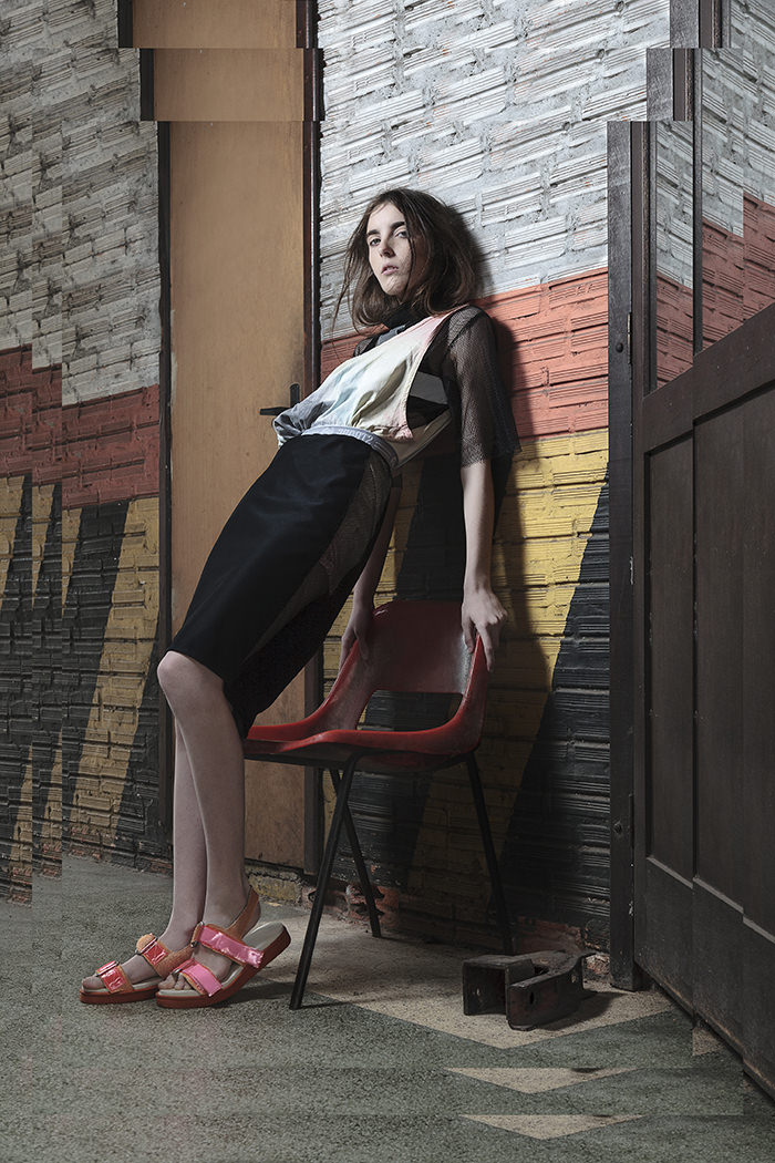 T-shirt by 3rd, skirt, xropped and sandal by PHSD