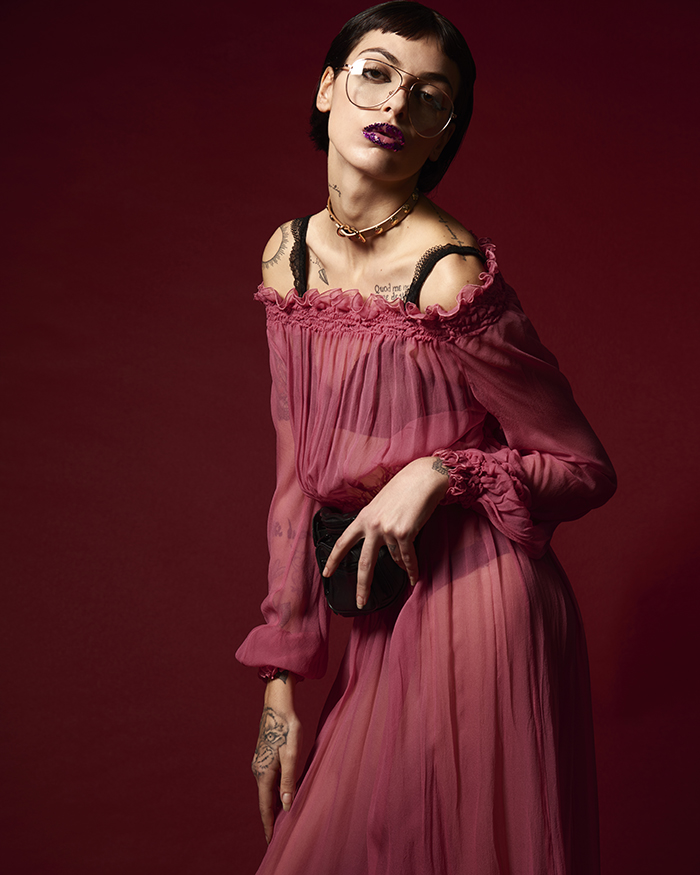 Dress: Alberta Ferretti Bag and Collar: Bimba y Lola Glasses: Asos