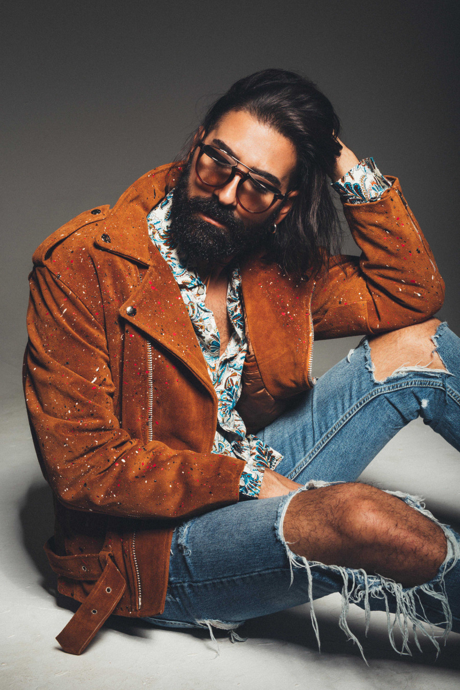 Glasses by Asos Patterned shirt by Asos Leather jacket by Asos Pants vintage