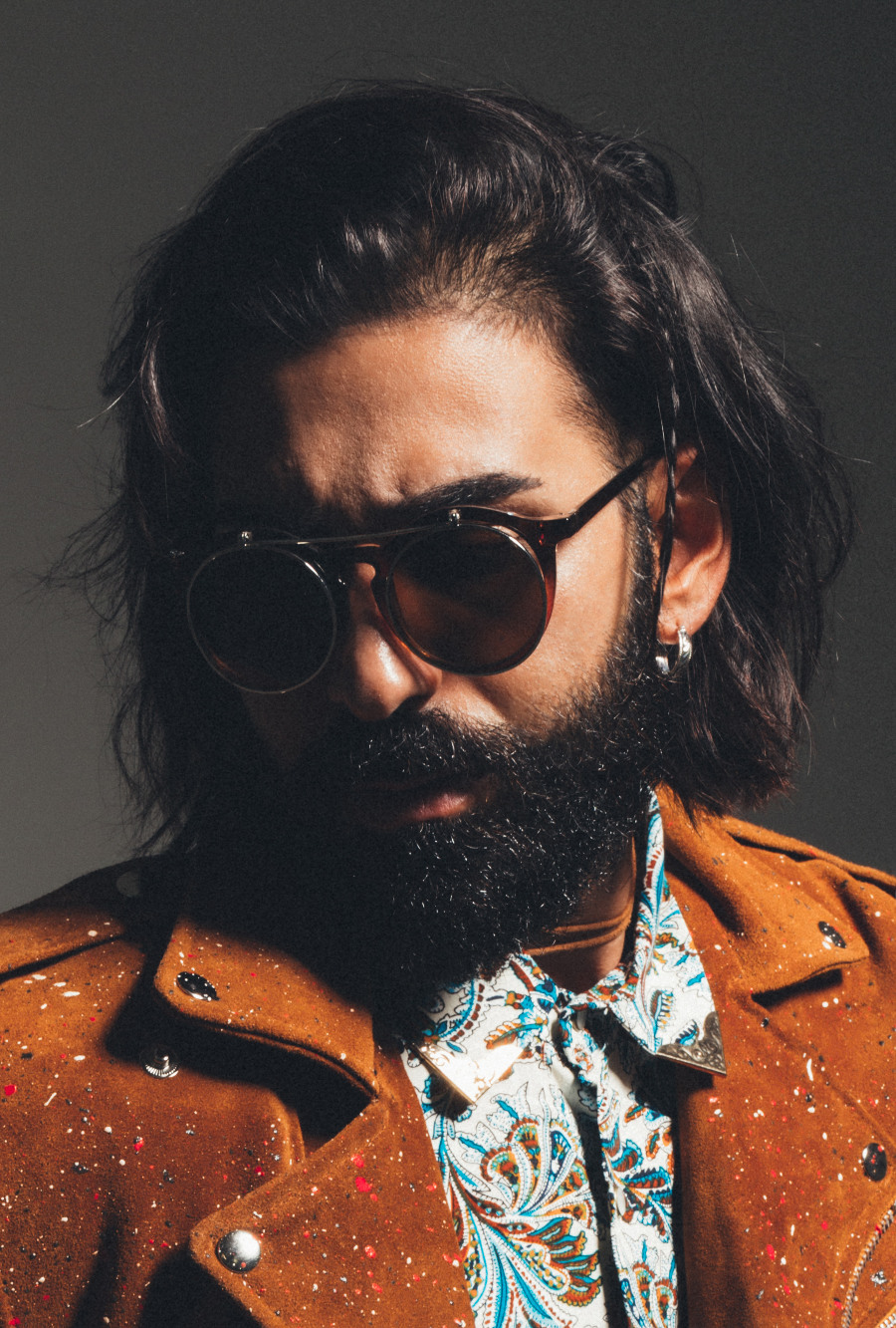 Glasses by Asos Patterned shirt by Asos Leather jacket by Asos