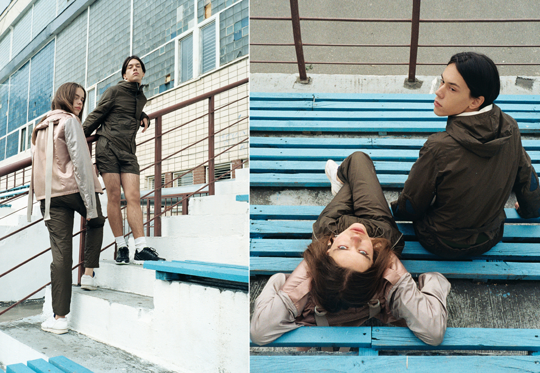 (left) HER - Jacket, Top & Bottoms by Sasha Kanevski Shoes by Nike HIM - Jacket & Shorts by Sasha Kanevski Shoes by New Balance (right) HER - Jacket, Top & Bottoms by Sasha Kanevski Shoes by Nike HIM - Jacket & Shorts by Sasha Kanevski Shoes by New Balance