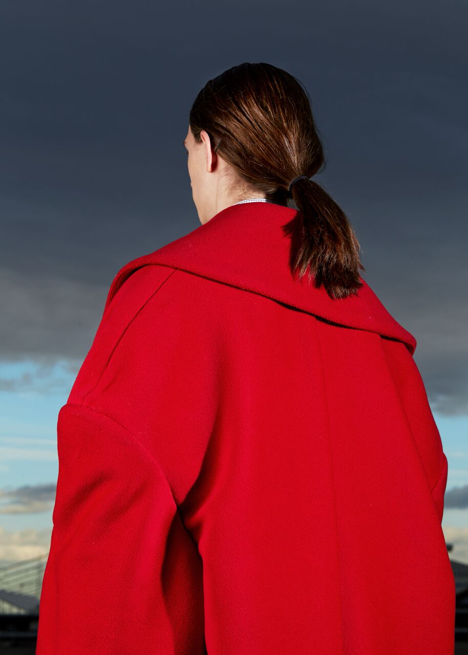 Boru wears Grant-James Povey coat 