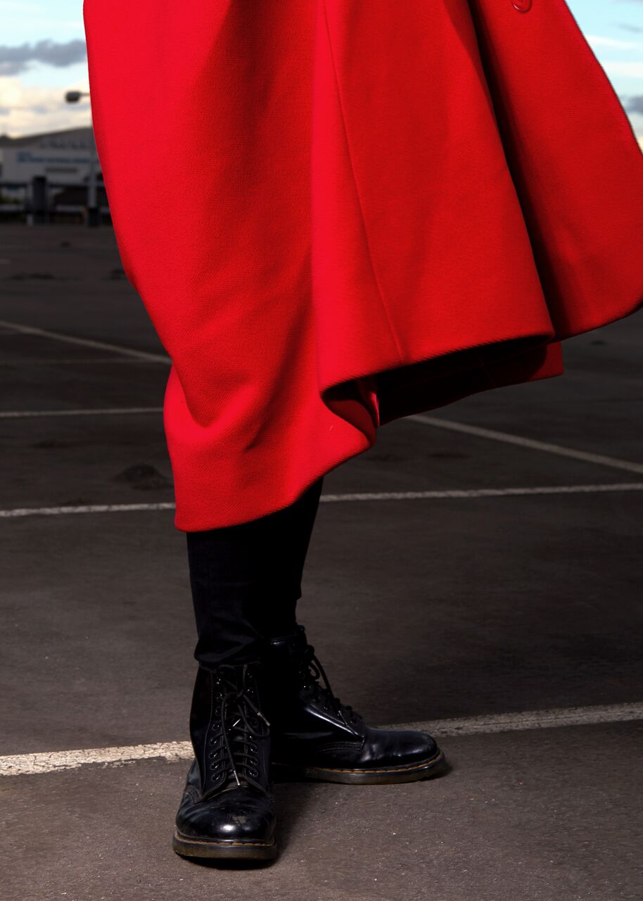 Boru wears Grant-James Povey coat, Topman jeans, Doc Martin Boots 