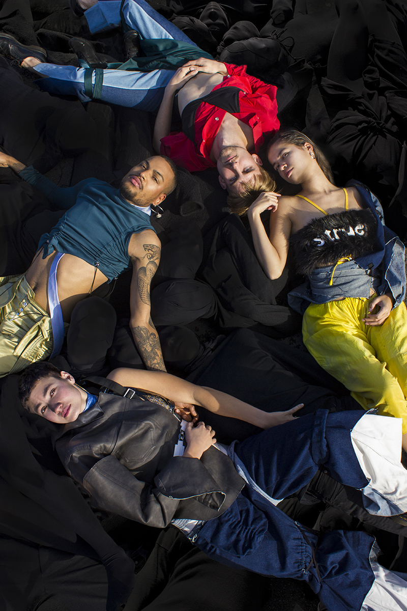 Up: Top by Zara Asmail Bra by Laura Aanen Both trousers by Laura Aanen Middle left: Top by Zara Asmail Scarf by Laura Aanen Trousers by Michelle Lievaart Middle right: Top and Jacket by Alyssa Groeneveld] Trousers by Sanne Verkleij Under: Jacket by Zara Asmail Scarf by Laura Aanen Trousers by Michelle Lievaart Trousers 2 by Alyssa Groeneveld 