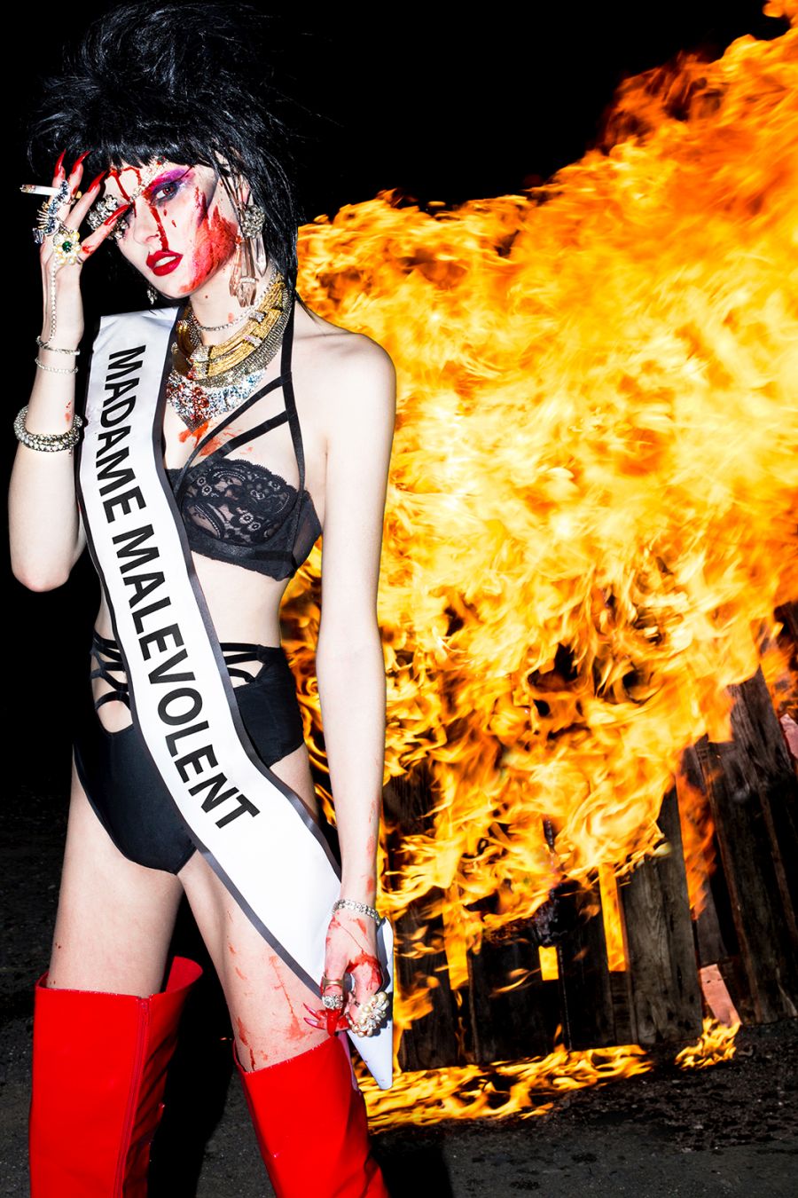 Jewellery: Versace, Calvin Klein, Valentino & Vintage. Lingerie: Lonely. Boots: Stylist’s archive. Ribbon: Custom made