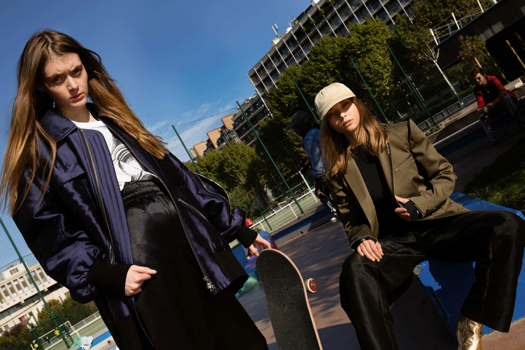 (left) Jacket & Bottoms by Sean Suen Top by THIS IS NOT CLOTHING (right) Boots by Zoe Lee Bottoms by Sean Suen Top by Ivy Park Jacket by Icosae
