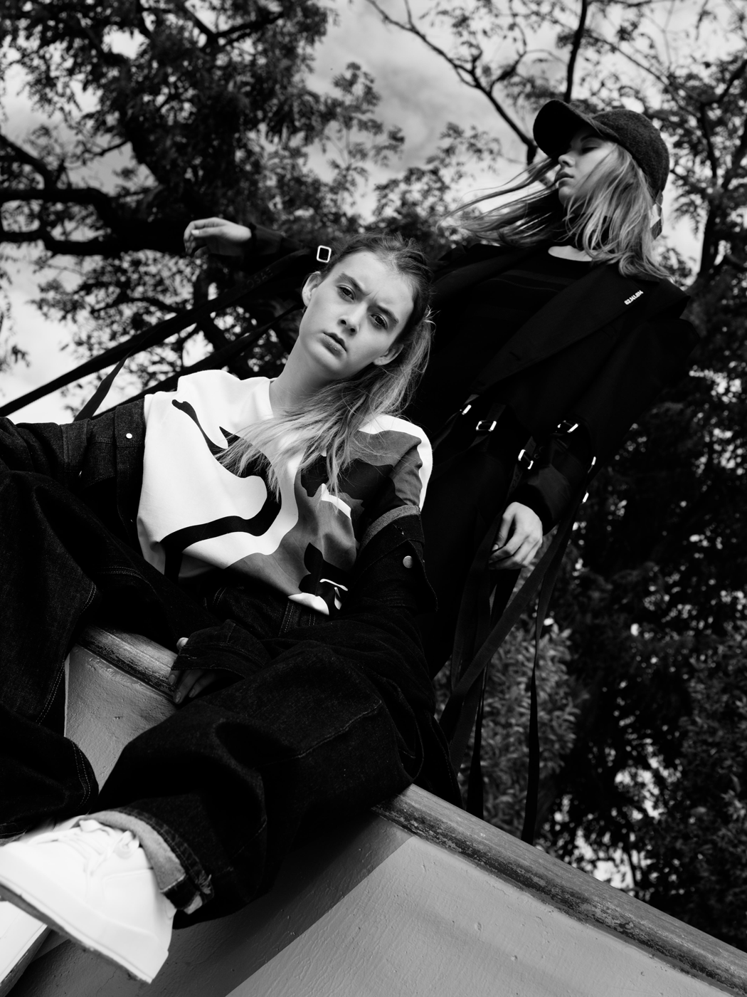 (left) Jacket by Icosae Top & Bottoms by Alex Mullins Shoes by Common Projects (right) Boots by Zoe Lee Dress by Knitss Coat by Icosae 