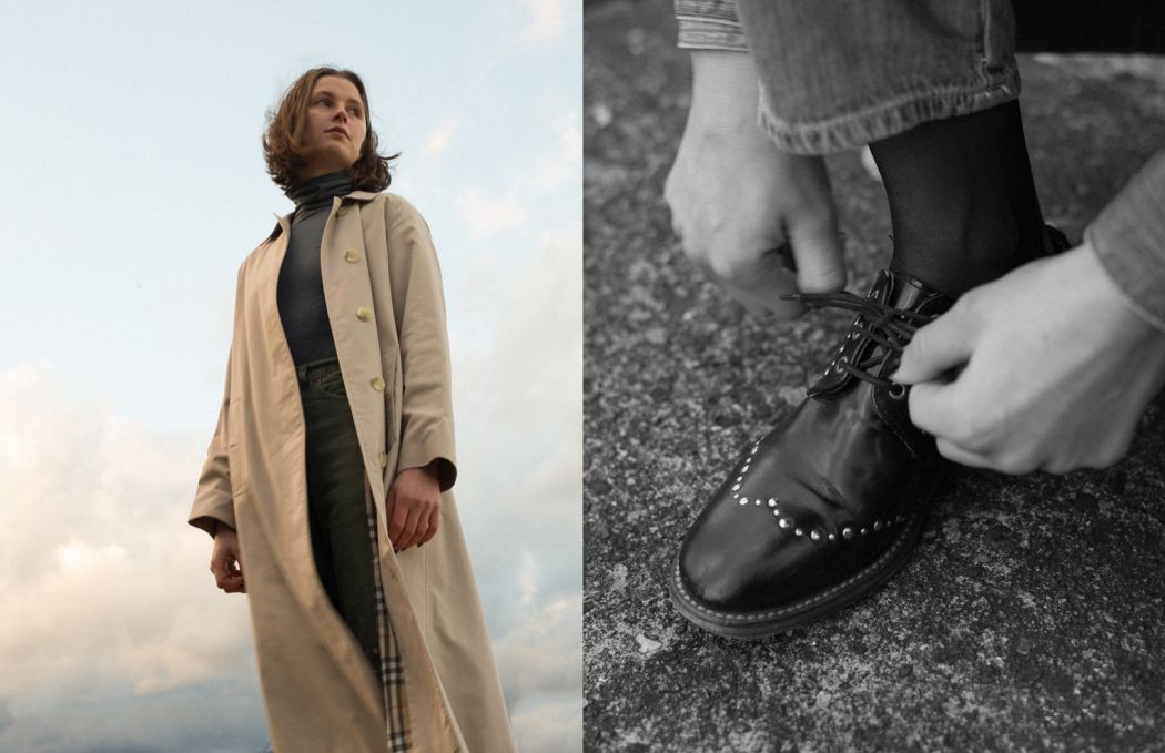 left side: Coat by Burberry Pants by Levi's Sweater by American Apparel right side: Shoes by Hudson