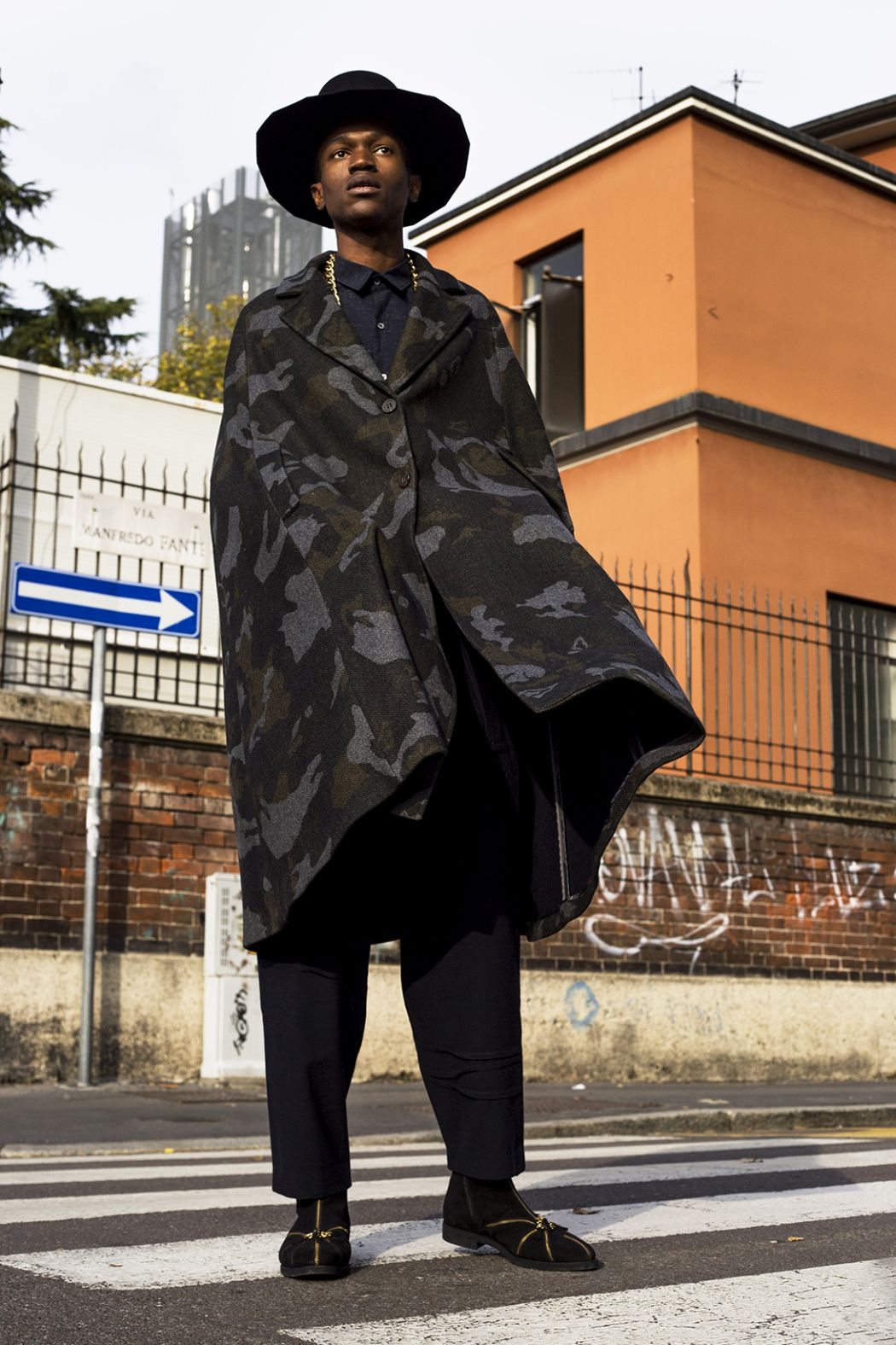 Hat by Ilariusss Necklace by Sharra Pagano Shirt by Shirtstudio Pants by Vittorio Branchizio Cape by Marios Boots by Jf London