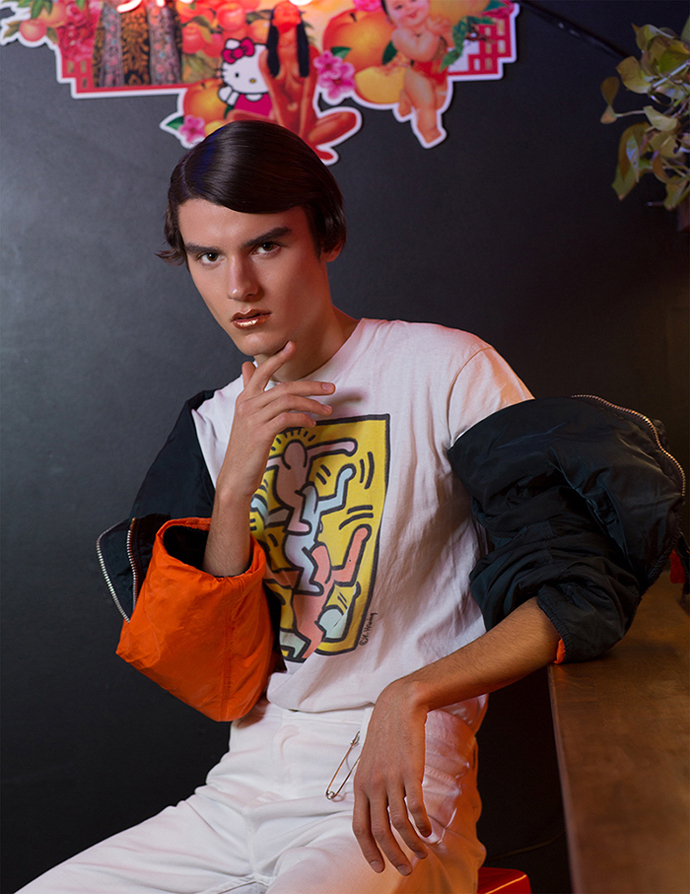 T-shirt - Vintage Jacket - Alpha Trousers - Slim Slack Shoes - Pierre Hardy Large safety pin - stylists own